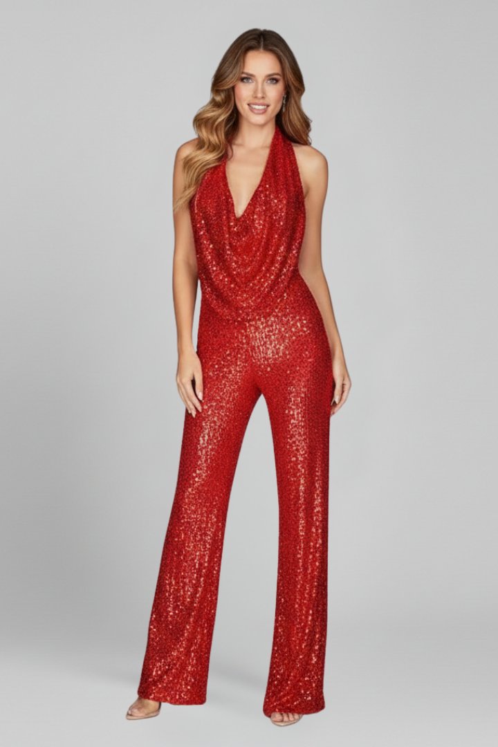 Jumpsuit Elegante de Lentejuelas para Mujeres con Cuello Halter de Cowl y Pierna Ancha para Fiesta Formal
