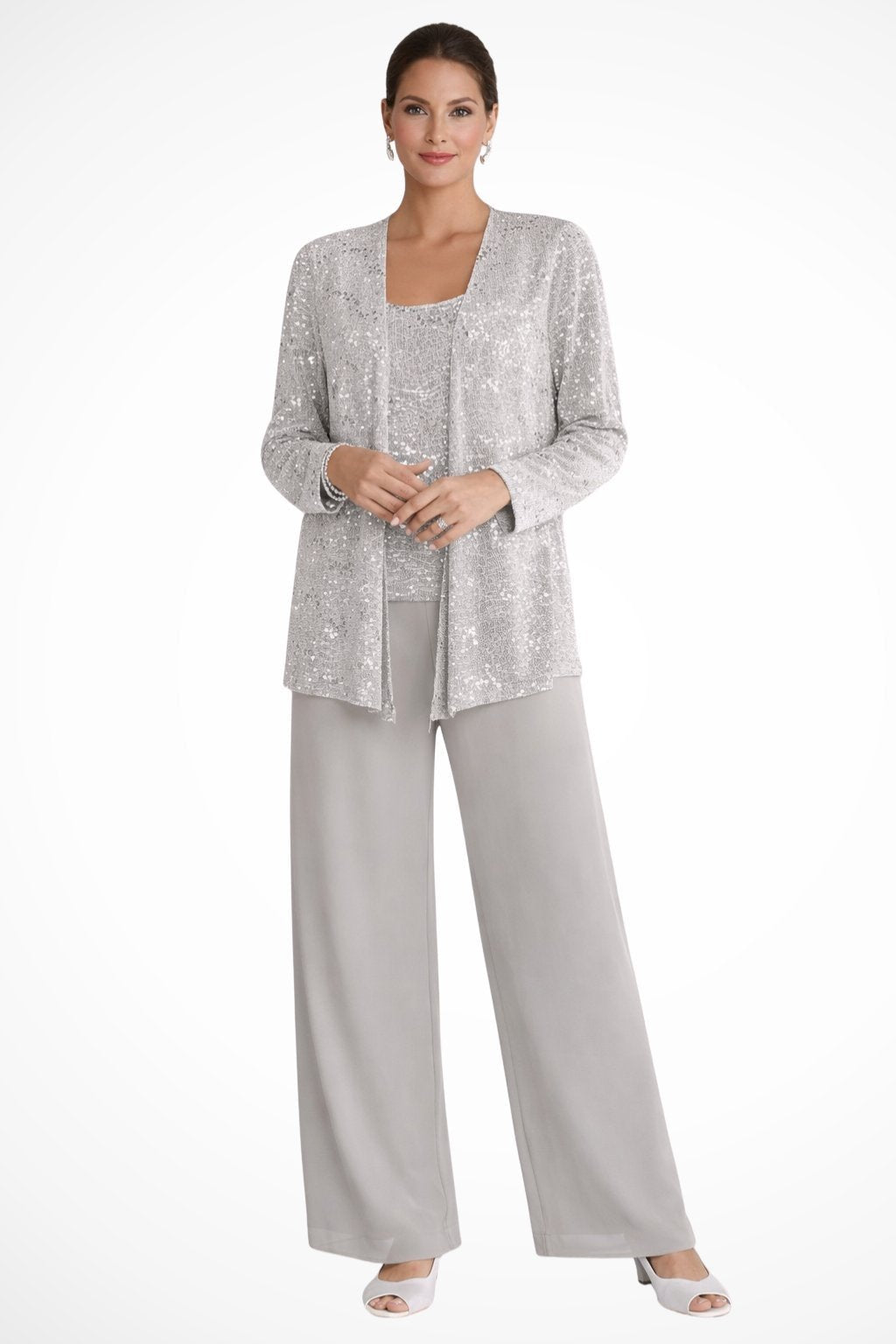 Conjunto Elegante de Lentejuelas y Encaje de Tres Piezas para Mujeres con Chaqueta Abierta y Pantalones de Pierna Ancha Estilo Formal