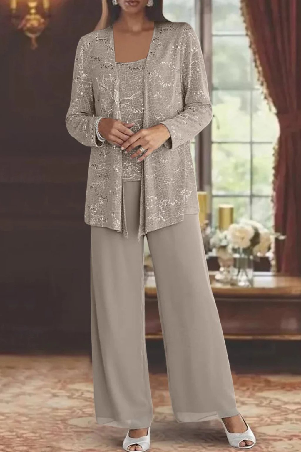 Conjunto Elegante de Lentejuelas y Encaje de Tres Piezas para Mujeres con Chaqueta Abierta y Pantalones de Pierna Ancha Estilo Formal