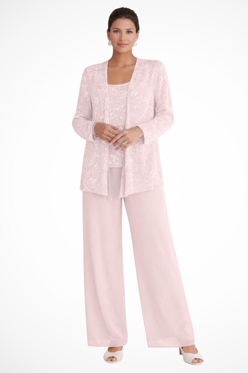 Conjunto Elegante de Lentejuelas y Encaje de Tres Piezas para Mujeres con Chaqueta Abierta y Pantalones de Pierna Ancha Estilo Formal