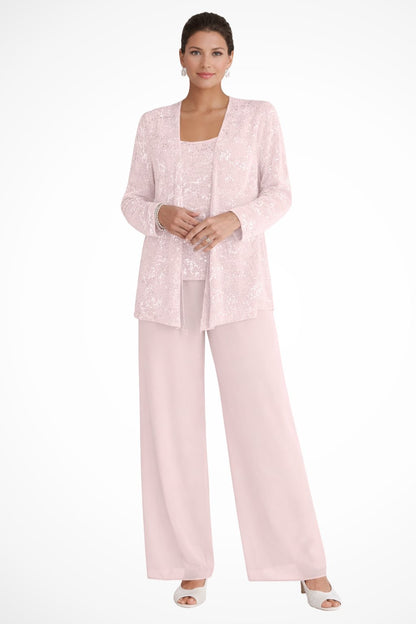 Conjunto Elegante de Lentejuelas y Encaje de Tres Piezas para Mujeres con Chaqueta Abierta y Pantalones de Pierna Ancha Estilo Formal
