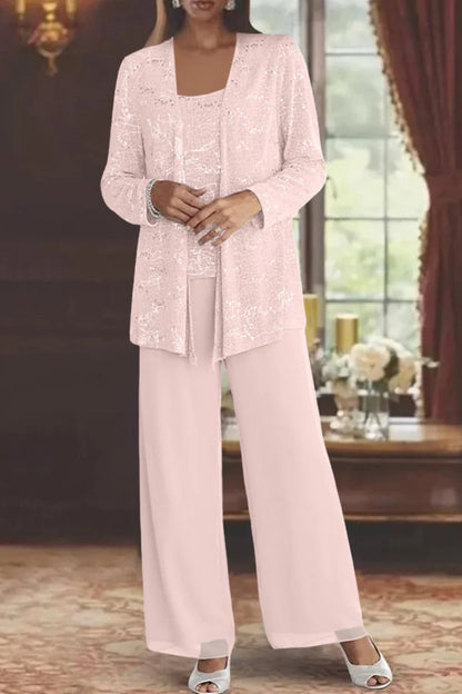 Conjunto Elegante de Lentejuelas y Encaje de Tres Piezas para Mujeres con Chaqueta Abierta y Pantalones de Pierna Ancha Estilo Formal