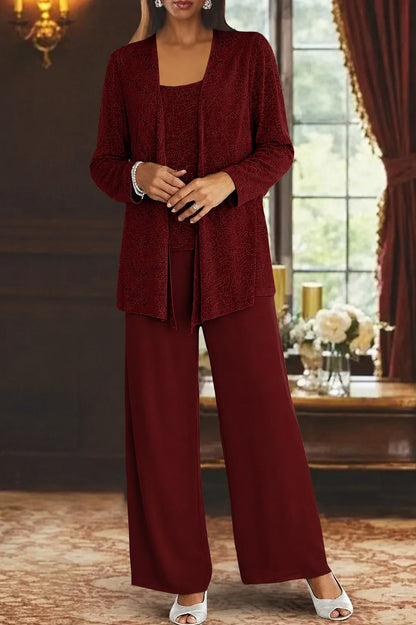 Conjunto Elegante de Lentejuelas y Encaje de Tres Piezas para Mujeres con Chaqueta Abierta y Pantalones de Pierna Ancha Estilo Formal