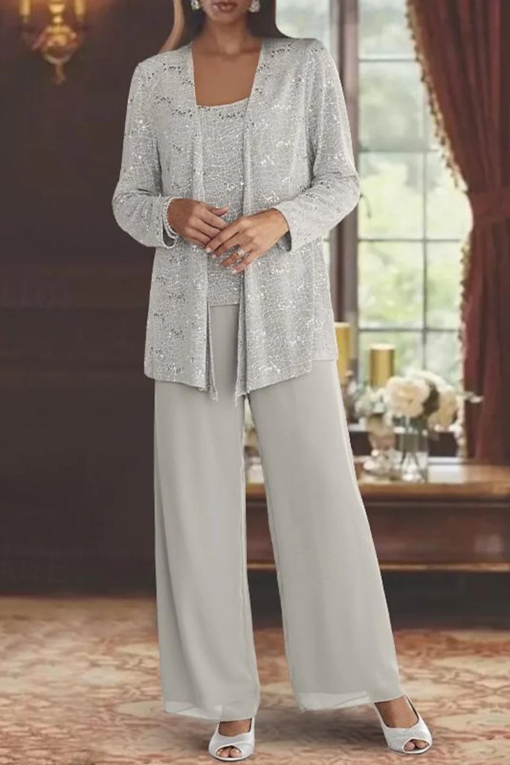 Conjunto Elegante de Lentejuelas y Encaje de Tres Piezas para Mujeres con Chaqueta Abierta y Pantalones de Pierna Ancha Estilo Formal