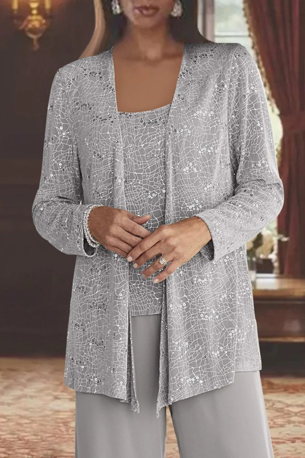 Conjunto Elegante de Lentejuelas y Encaje de Tres Piezas para Mujeres con Chaqueta Abierta y Pantalones de Pierna Ancha Estilo Formal