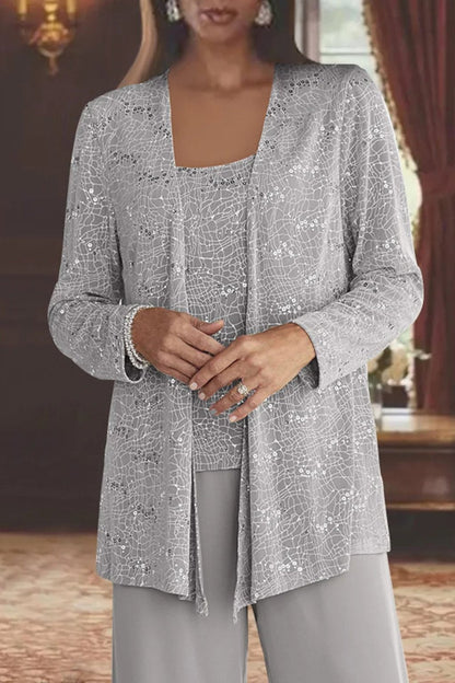 Conjunto Elegante de Lentejuelas y Encaje de Tres Piezas para Mujeres con Chaqueta Abierta y Pantalones de Pierna Ancha Estilo Formal