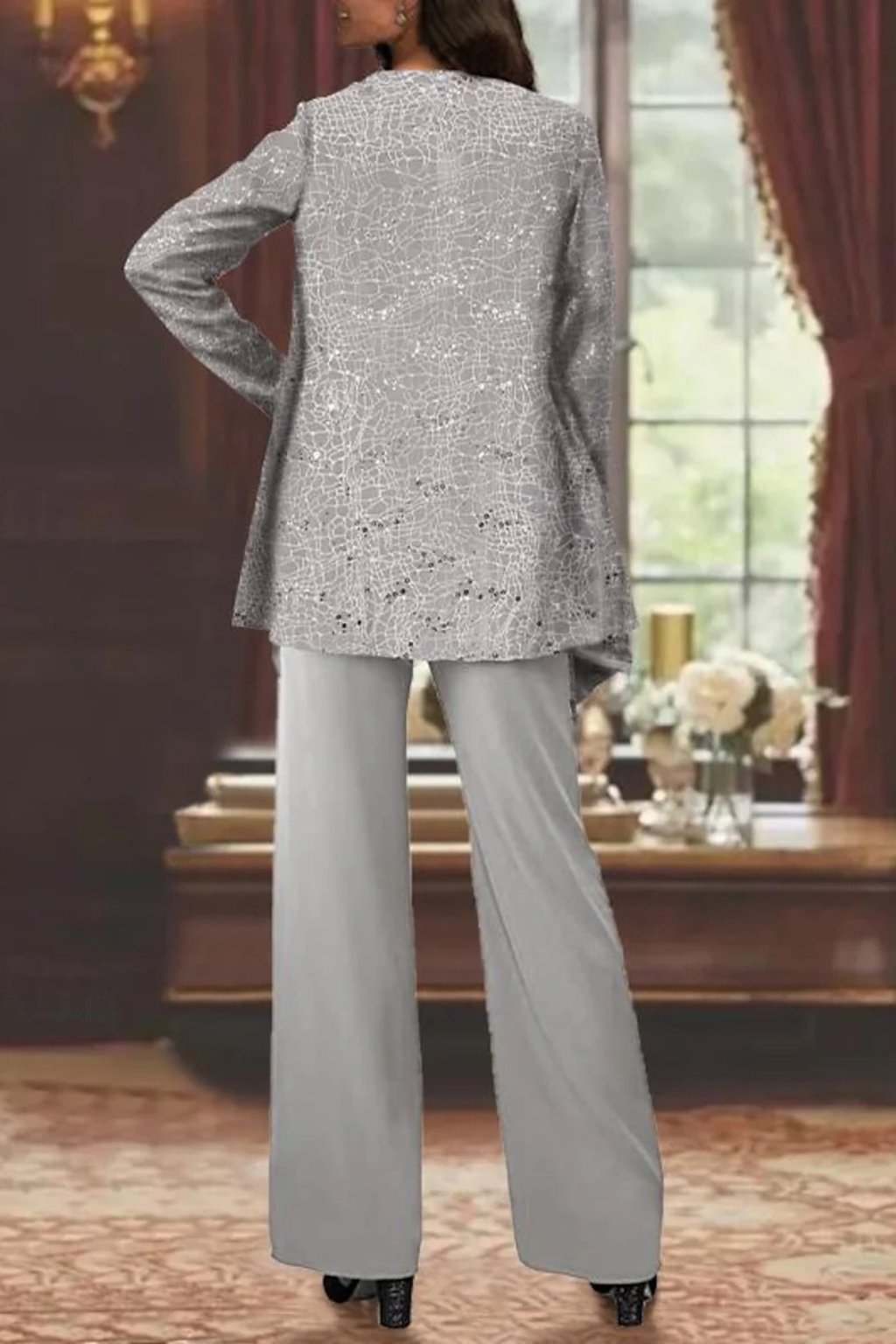 Conjunto Elegante de Lentejuelas y Encaje de Tres Piezas para Mujeres con Chaqueta Abierta y Pantalones de Pierna Ancha Estilo Formal