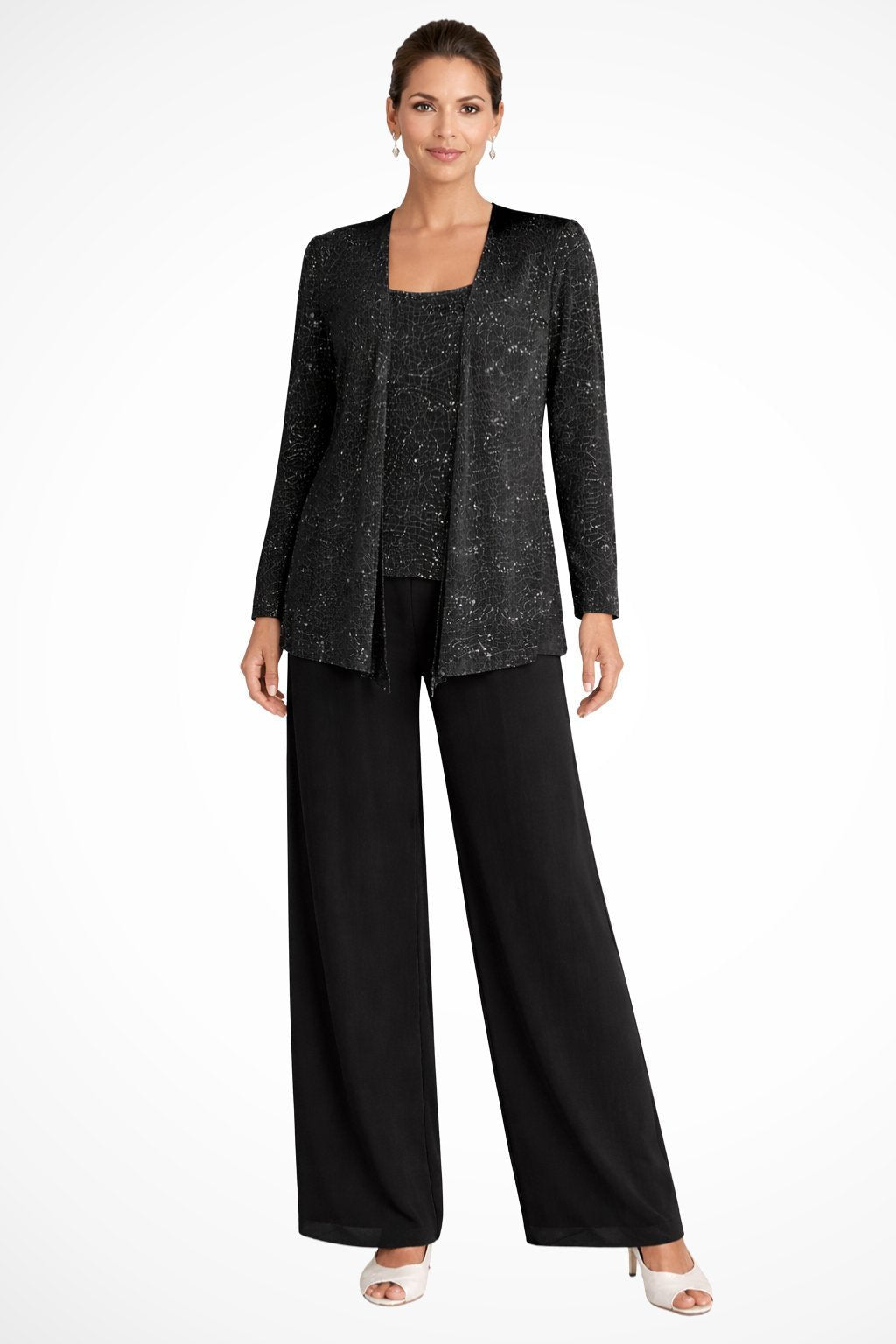 Conjunto Elegante de Lentejuelas y Encaje de Tres Piezas para Mujeres con Chaqueta Abierta y Pantalones de Pierna Ancha Estilo Formal