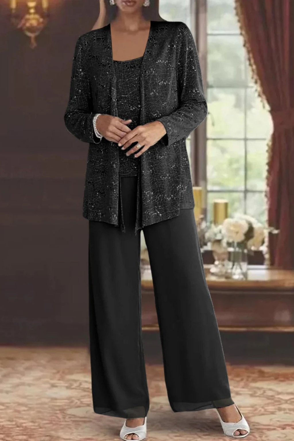 Conjunto Elegante de Lentejuelas y Encaje de Tres Piezas para Mujeres con Chaqueta Abierta y Pantalones de Pierna Ancha Estilo Formal
