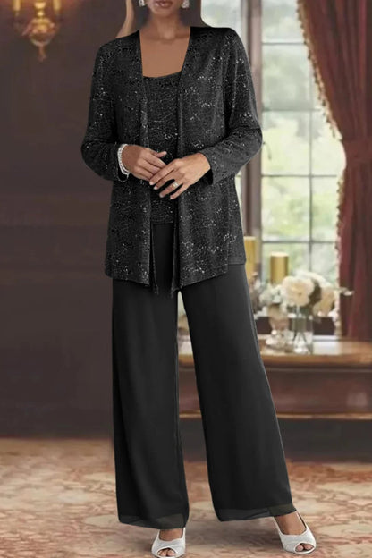 Conjunto Elegante de Lentejuelas y Encaje de Tres Piezas para Mujeres con Chaqueta Abierta y Pantalones de Pierna Ancha Estilo Formal