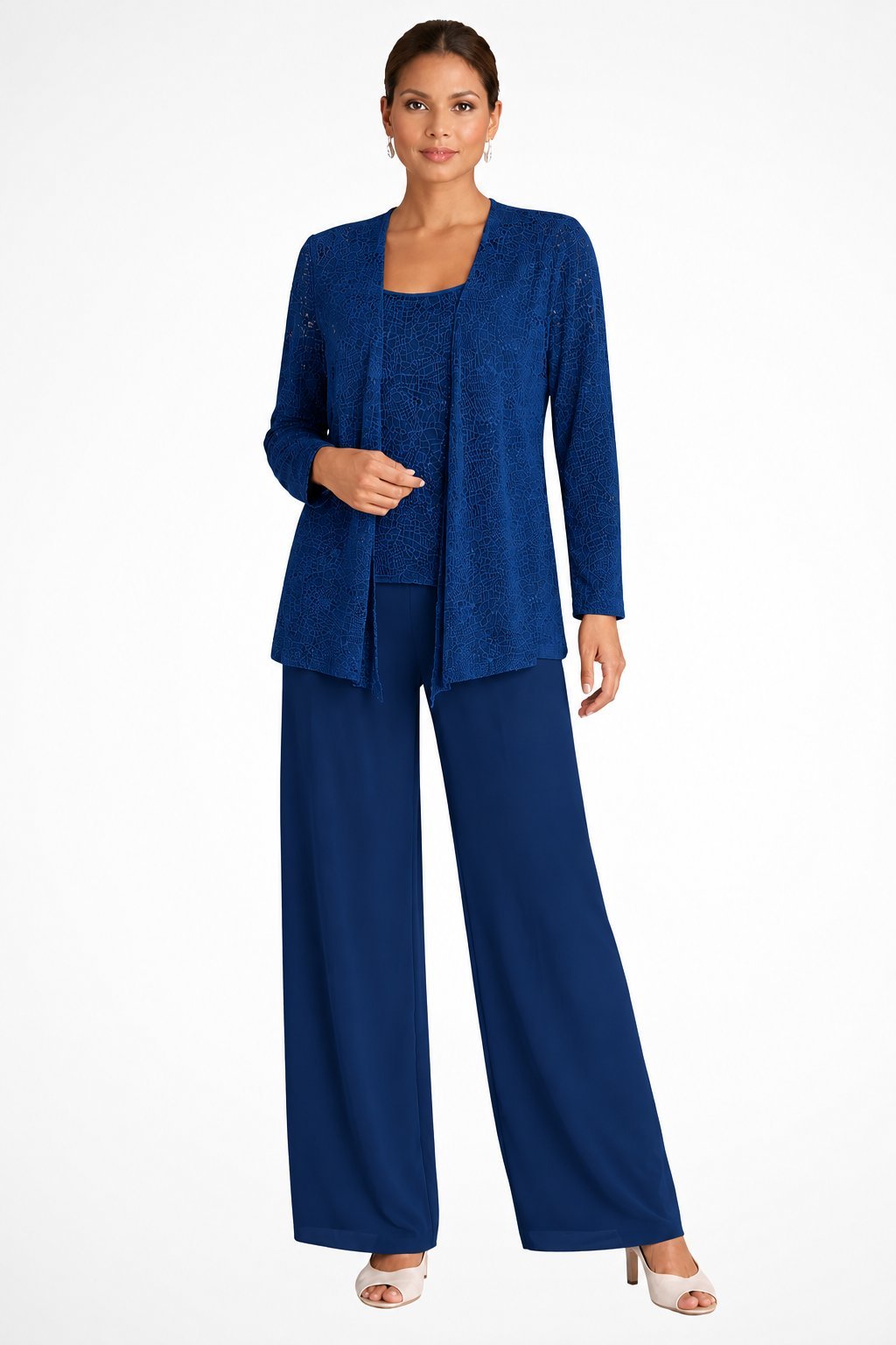 Conjunto Elegante de Lentejuelas y Encaje de Tres Piezas para Mujeres con Chaqueta Abierta y Pantalones de Pierna Ancha Estilo Formal