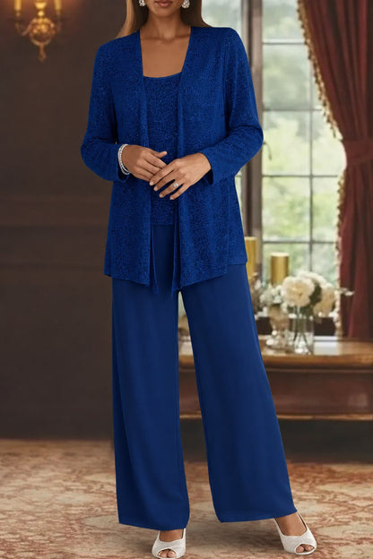 Conjunto Elegante de Lentejuelas y Encaje de Tres Piezas para Mujeres con Chaqueta Abierta y Pantalones de Pierna Ancha Estilo Formal