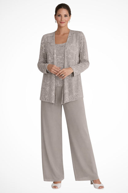 Conjunto Elegante de Lentejuelas y Encaje de Tres Piezas para Mujeres con Chaqueta Abierta y Pantalones de Pierna Ancha Estilo Formal