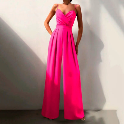 Mono Elegante de Pierna Ancha para Mujeres con Escote Corazón, Tirantes de Espagueti y Estilo Formal Plisado
