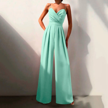 Mono Elegante de Pierna Ancha para Mujeres con Escote Corazón, Tirantes de Espagueti y Estilo Formal Plisado