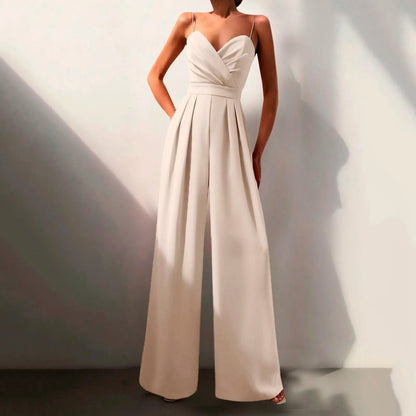 Mono Elegante de Pierna Ancha para Mujeres con Escote Corazón, Tirantes de Espagueti y Estilo Formal Plisado