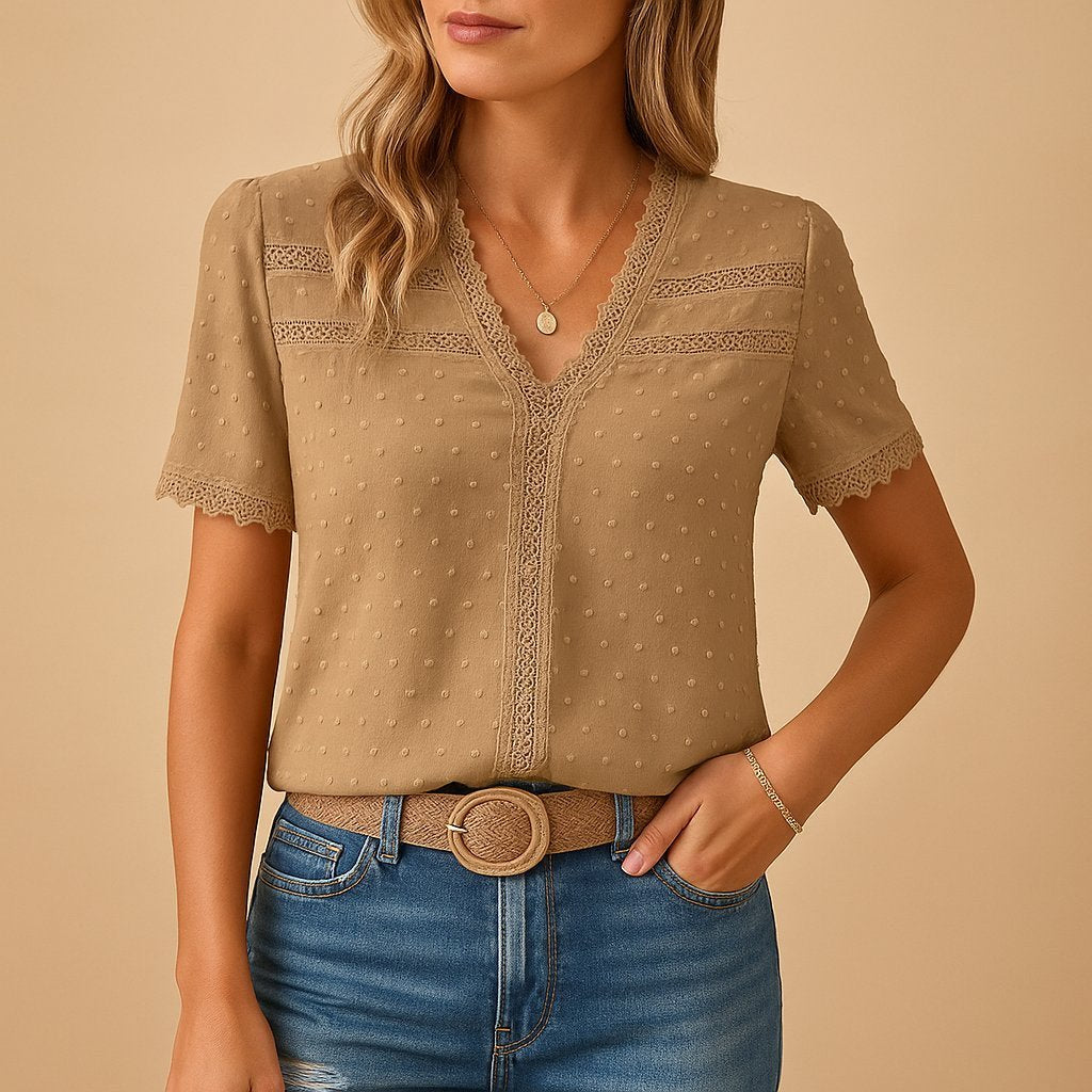Blusa de Puntos Suizos Sin Esfuerzo para Mujeres con Cuello en V y Manga Corta con Encaje, Estilo Casual