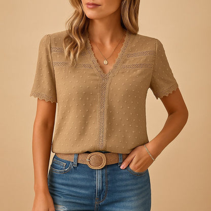 Blusa de Puntos Suizos Sin Esfuerzo para Mujeres con Cuello en V y Manga Corta con Encaje, Estilo Casual