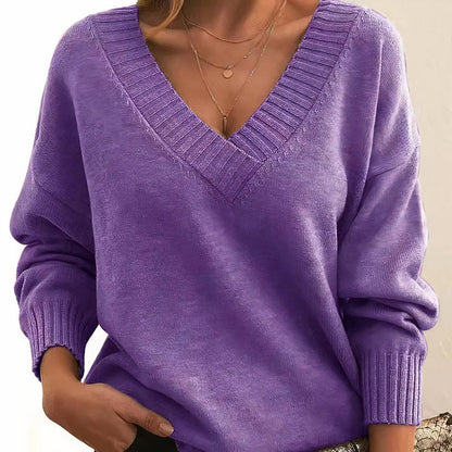 Suéter de punto acanalado cómodo para mujeres con cuello en V, manga larga y estilo relajado y oversize