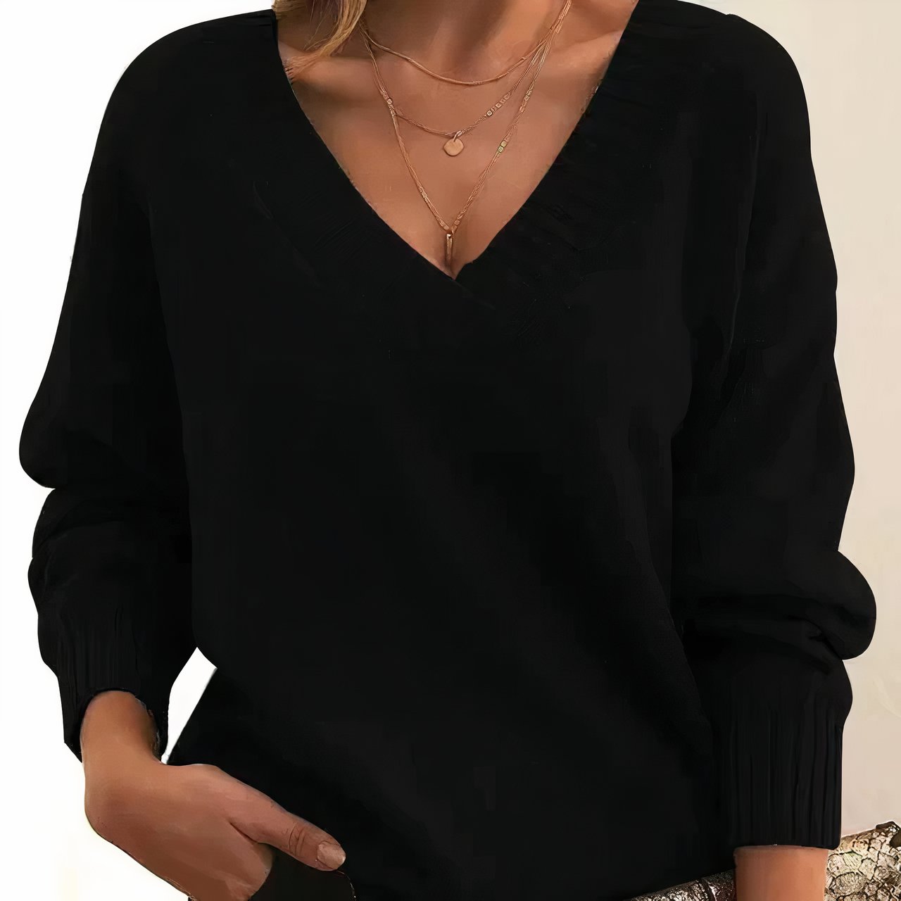 Suéter de punto acanalado cómodo para mujeres con cuello en V, manga larga y estilo relajado y oversize