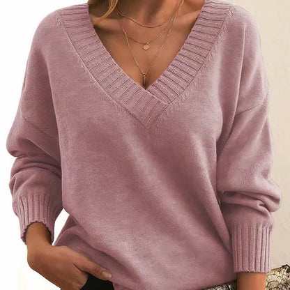 Suéter de punto acanalado cómodo para mujeres con cuello en V, manga larga y estilo relajado y oversize