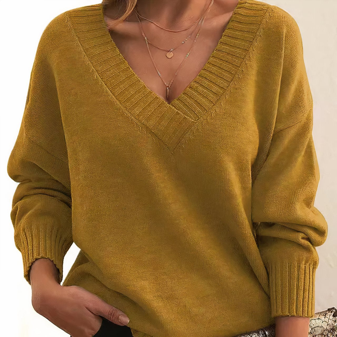 Suéter de punto acanalado cómodo para mujeres con cuello en V, manga larga y estilo relajado y oversize