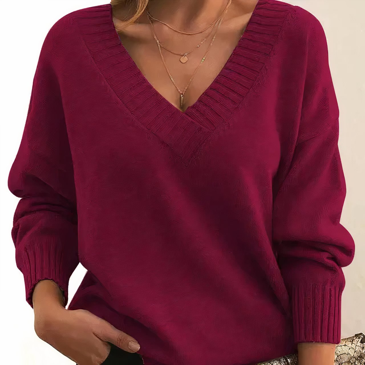 Suéter de punto acanalado cómodo para mujeres con cuello en V, manga larga y estilo relajado y oversize