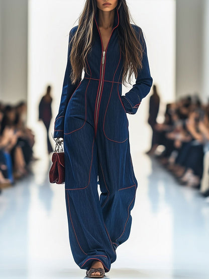 Jumpsuit Elegante de Mezclilla Azul Oscuro para Mujeres con Cuello Mock, Manga Larga y Pierna Ancha con Costura en Contraste