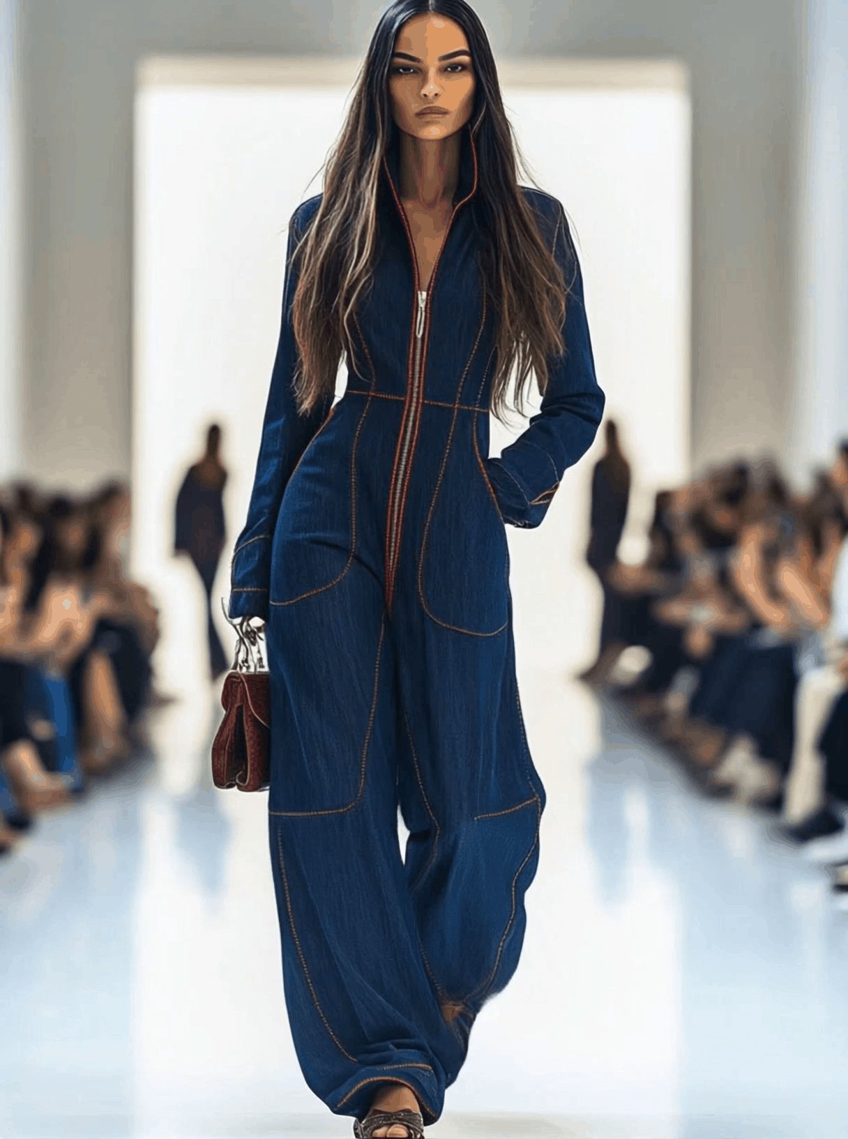 Jumpsuit Elegante de Mezclilla Azul Oscuro para Mujeres con Cuello Mock, Manga Larga y Pierna Ancha con Costura en Contraste