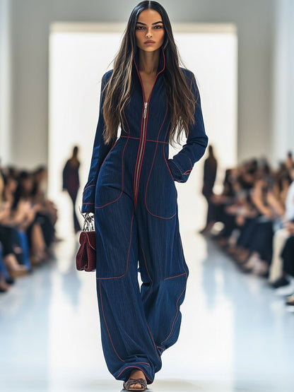 Jumpsuit Elegante de Mezclilla Azul Oscuro para Mujeres con Cuello Mock, Manga Larga y Pierna Ancha con Costura en Contraste