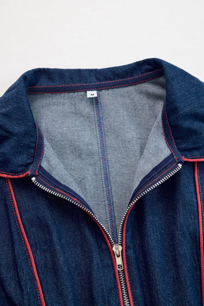 Jumpsuit Elegante de Mezclilla Azul Oscuro para Mujeres con Cuello Mock, Manga Larga y Pierna Ancha con Costura en Contraste