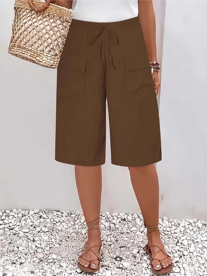 Pantalones Cortos Cargo de Lino Sin Esfuerzo para Mujeres con Cintura Alta, Cinturilla Ajustable y Pierna Ancha en Estilo Casual Relajado