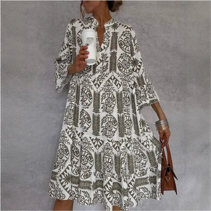 Vestido Midi de Estampado Boho Sin Esfuerzo para Mujeres con Escote en V y Mangas de Campana en Capas