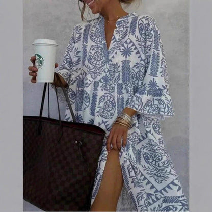 Vestido Midi de Estampado Boho Sin Esfuerzo para Mujeres con Escote en V y Mangas de Campana en Capas