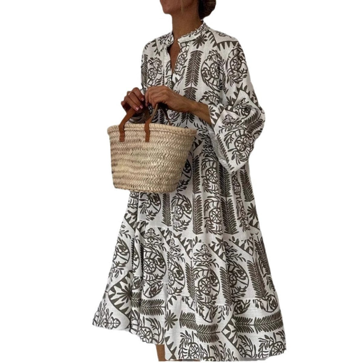 Vestido Midi de Estampado Boho Sin Esfuerzo para Mujeres con Escote en V y Mangas de Campana en Capas