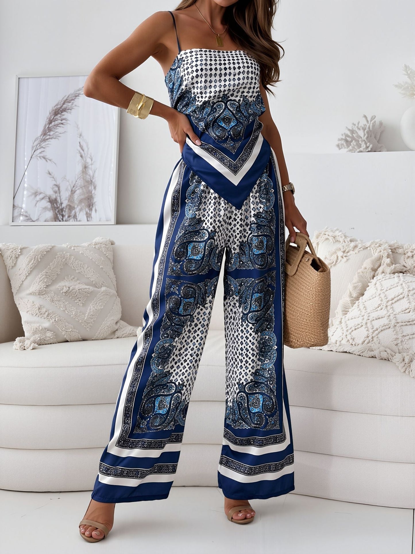 Mono de Estampado Paisley Sin Esfuerzo para Mujeres con Tirantes de Espagueti, Espalda Descubierta y Pierna Ancha Estilo Bohemio