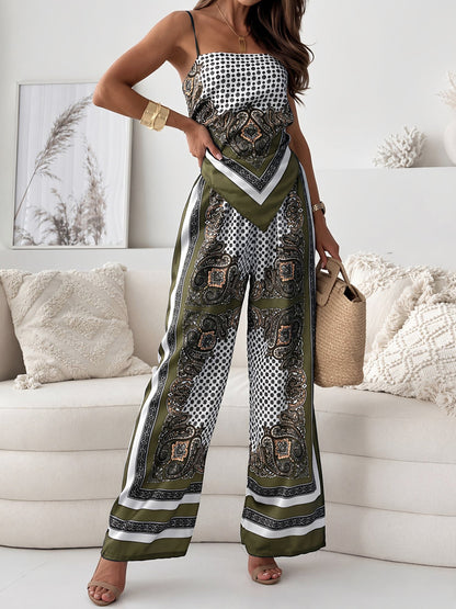 Mono de Estampado Paisley Sin Esfuerzo para Mujeres con Tirantes de Espagueti, Espalda Descubierta y Pierna Ancha Estilo Bohemio