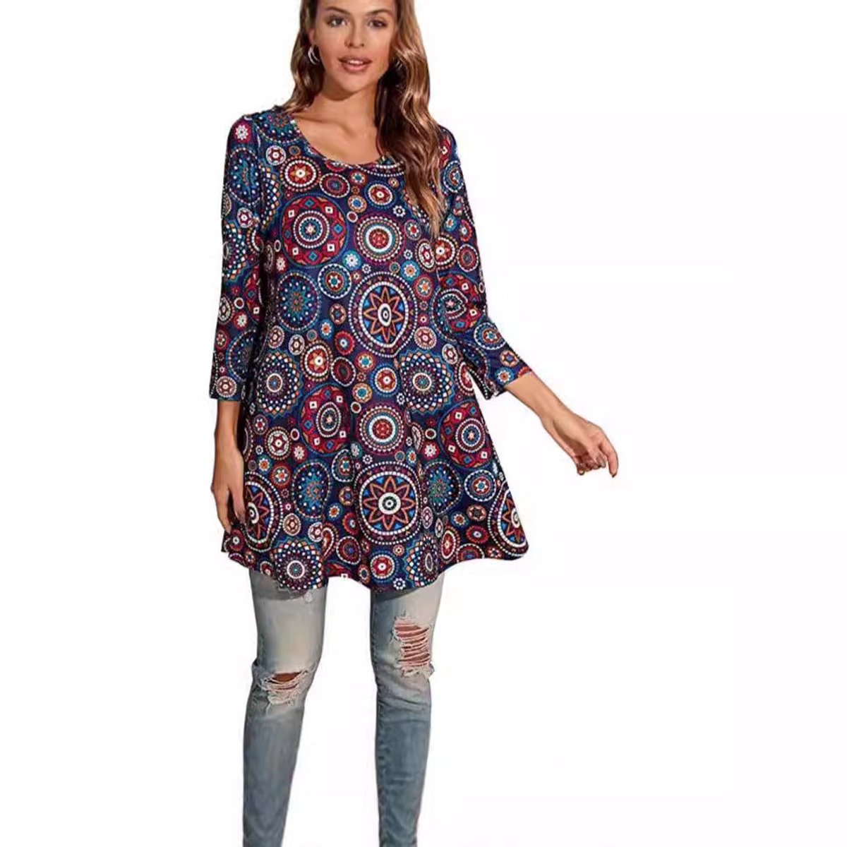Vestido Túnica de Impresión de Medallón Sin Esfuerzo para Mujeres con Cuello Redondo y Manga Tres Cuartos Estilo Boho