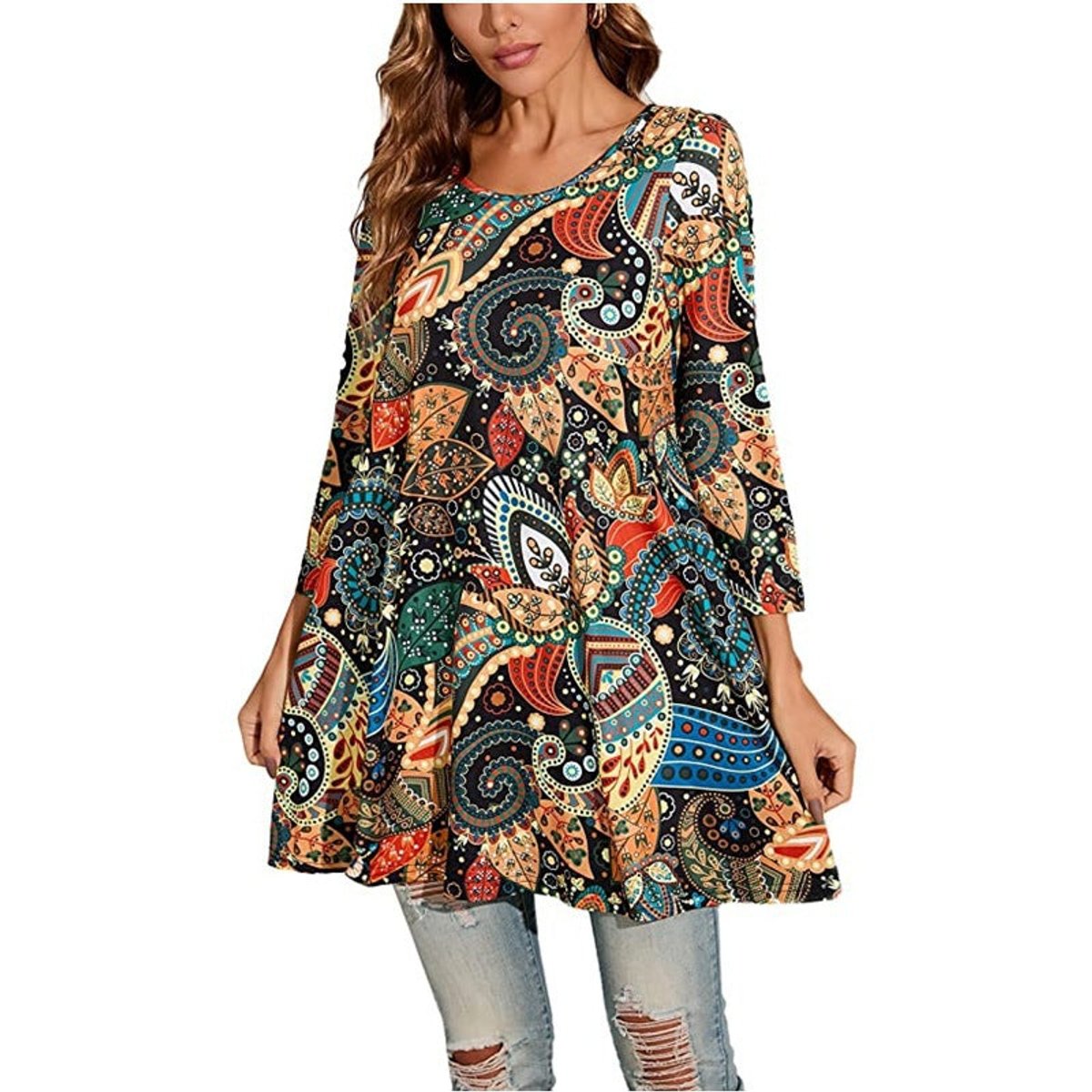 Vestido Túnica de Impresión de Medallón Sin Esfuerzo para Mujeres con Cuello Redondo y Manga Tres Cuartos Estilo Boho
