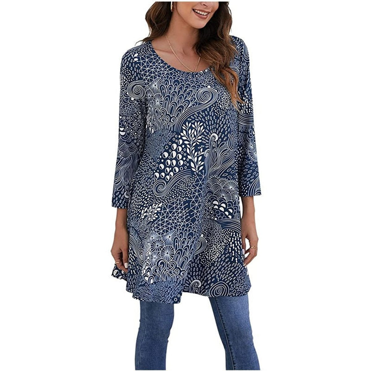 Vestido Túnica de Impresión de Medallón Sin Esfuerzo para Mujeres con Cuello Redondo y Manga Tres Cuartos Estilo Boho