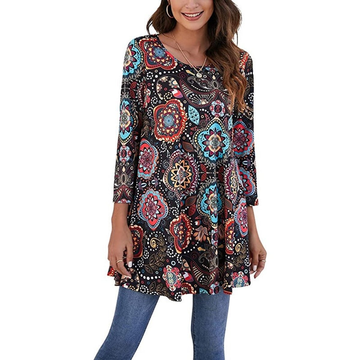 Vestido Túnica de Impresión de Medallón Sin Esfuerzo para Mujeres con Cuello Redondo y Manga Tres Cuartos Estilo Boho