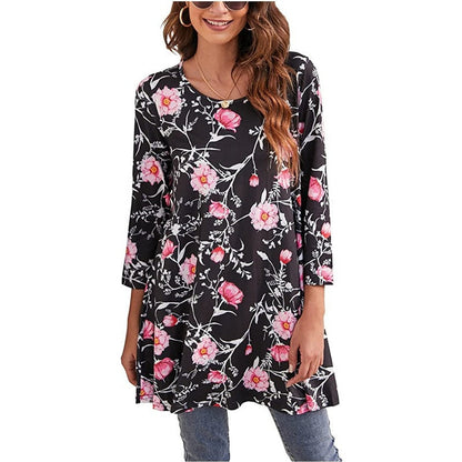 Vestido Túnica de Impresión de Medallón Sin Esfuerzo para Mujeres con Cuello Redondo y Manga Tres Cuartos Estilo Boho