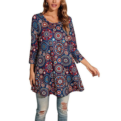 Vestido Túnica de Impresión de Medallón Sin Esfuerzo para Mujeres con Cuello Redondo y Manga Tres Cuartos Estilo Boho
