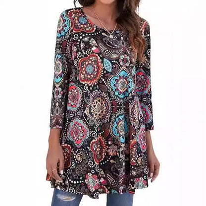 Vestido Túnica de Impresión de Medallón Sin Esfuerzo para Mujeres con Cuello Redondo y Manga Tres Cuartos Estilo Boho