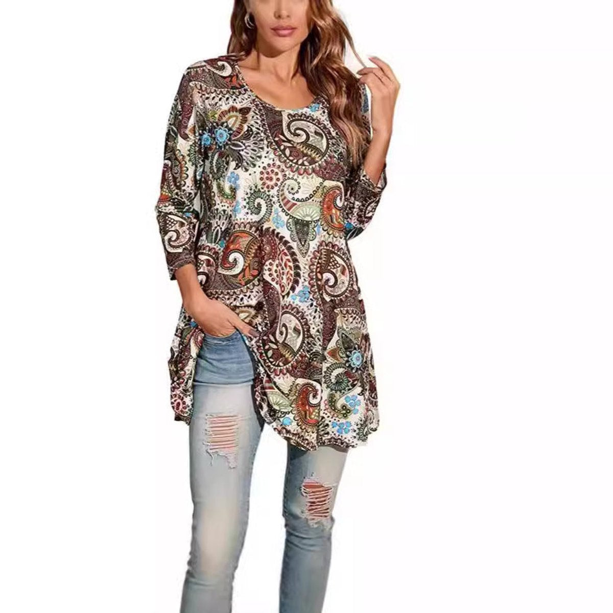 Vestido Túnica de Impresión de Medallón Sin Esfuerzo para Mujeres con Cuello Redondo y Manga Tres Cuartos Estilo Boho
