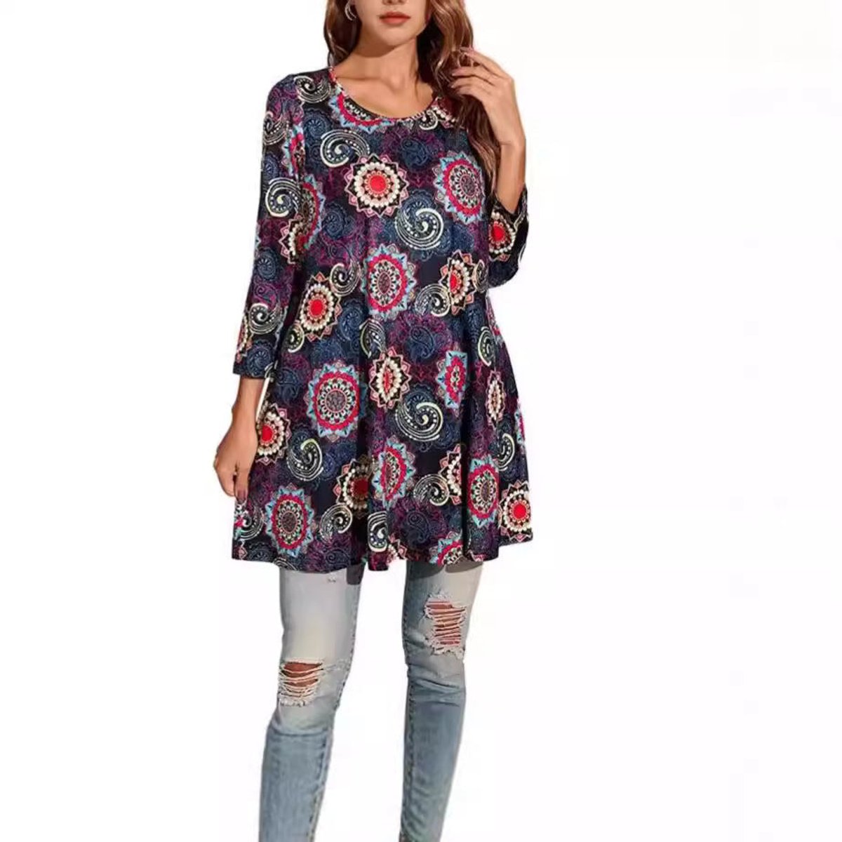 Vestido Túnica de Impresión de Medallón Sin Esfuerzo para Mujeres con Cuello Redondo y Manga Tres Cuartos Estilo Boho