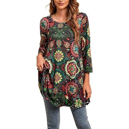 Vestido Túnica de Impresión de Medallón Sin Esfuerzo para Mujeres con Cuello Redondo y Manga Tres Cuartos Estilo Boho
