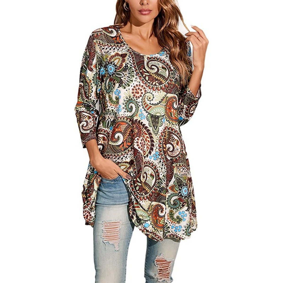 Vestido Túnica de Impresión de Medallón Sin Esfuerzo para Mujeres con Cuello Redondo y Manga Tres Cuartos Estilo Boho