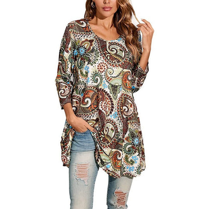 Vestido Túnica de Impresión de Medallón Sin Esfuerzo para Mujeres con Cuello Redondo y Manga Tres Cuartos Estilo Boho