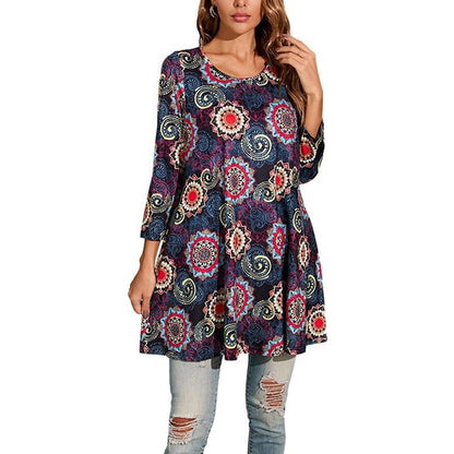 Vestido Túnica de Impresión de Medallón Sin Esfuerzo para Mujeres con Cuello Redondo y Manga Tres Cuartos Estilo Boho